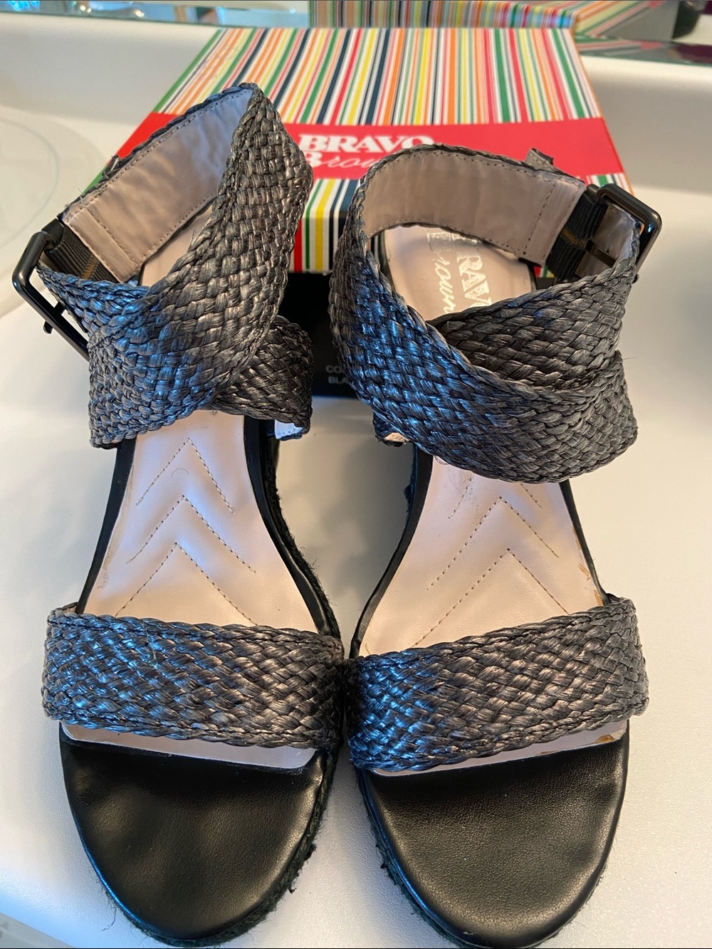 Braided Ankle-Strap Wedge Sandals in Grey. Bravo Browns